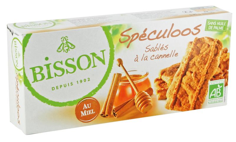 Bisson bio speculoos koeken cookies in a 175g package, featuring traditional spiced biscuit appearance.