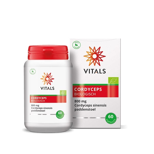 Vitamins and supplement capsules of Vitals Cordyceps bio dietary supplement, 60 capsules in a clear container.