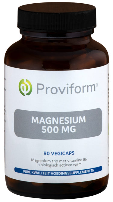 Proviform Magnesium 500mg vegetarian capsules, mineral supplement, close-up of the bottle and capsules.