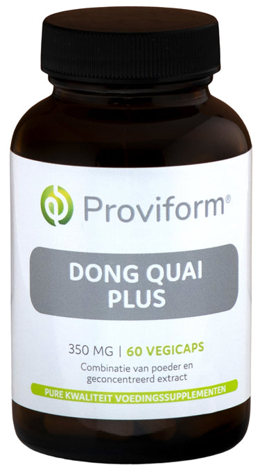 Proviform Dong quai plus herbal capsules in a bottle, vegetarian supplement for women’s health, shown with capsules and packaging.