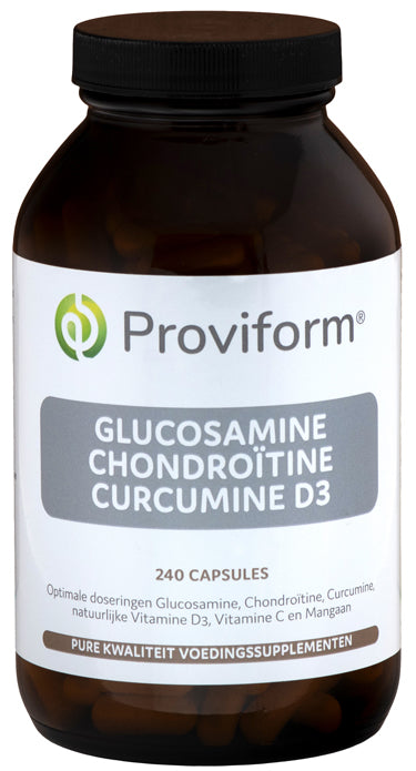Proviform Glucosamine, chondroitin, curcuma, and D3 capsules in a bottle, dietary supplement for joint support.