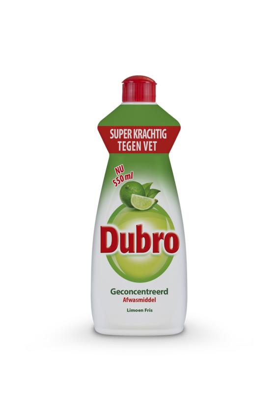 Dubro Afwaslimoen Fris dish soap bottle, 550ml, with lime scent and label visible in the image.