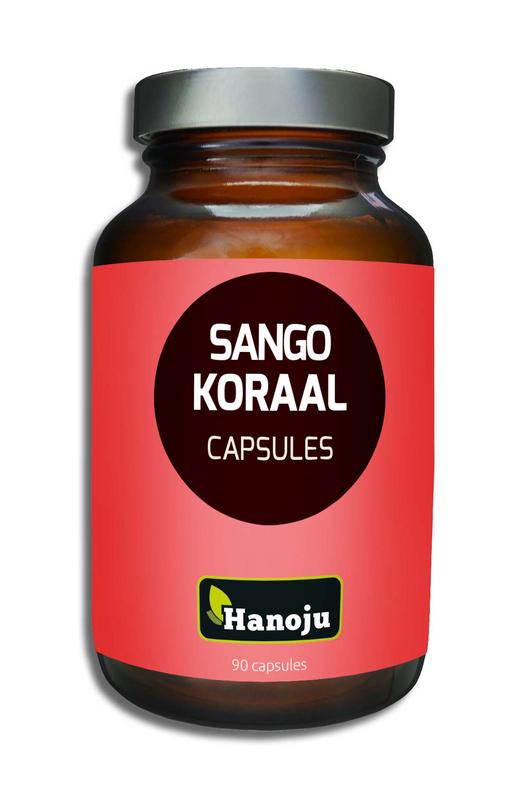 Hanoju Koraalcalcium mineral capsules in a bottle, dietary supplement for healthy bones and teeth, natural coral calcium source.