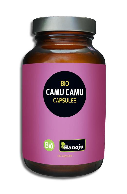 Hanoju Camu Camu 500mg bio herbal capsules, 180-count, natural supplement in a clear bottle with capsules visible inside.