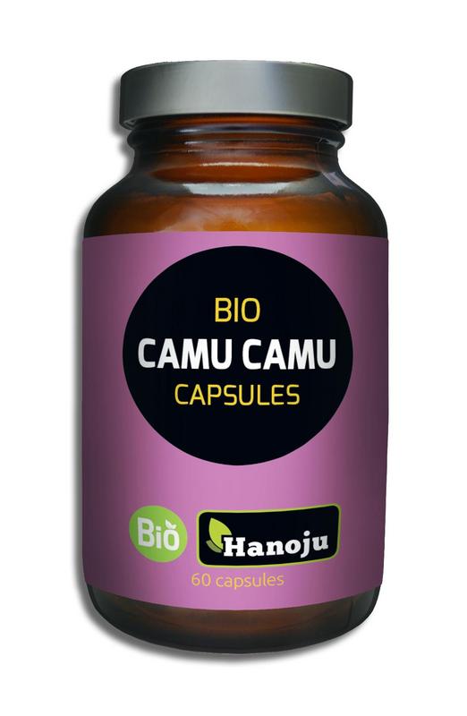Hanoju Camu Camu 500mg bio capsules, herbal supplement in 60 vegetarian capsules with bright orange and white packaging
