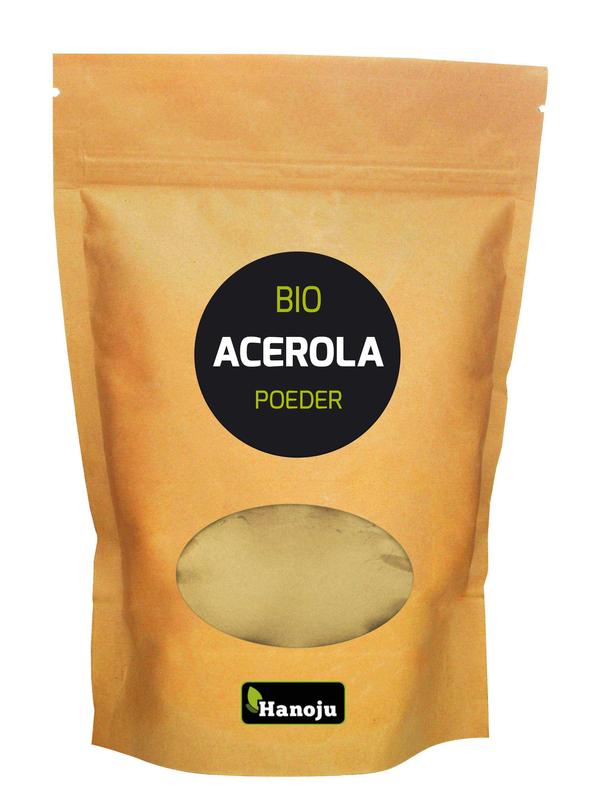 Hanoju Acerola powder bio 100g, organic herbal supplement in a clear jar with a scoop, highlighting the vibrant red powder.