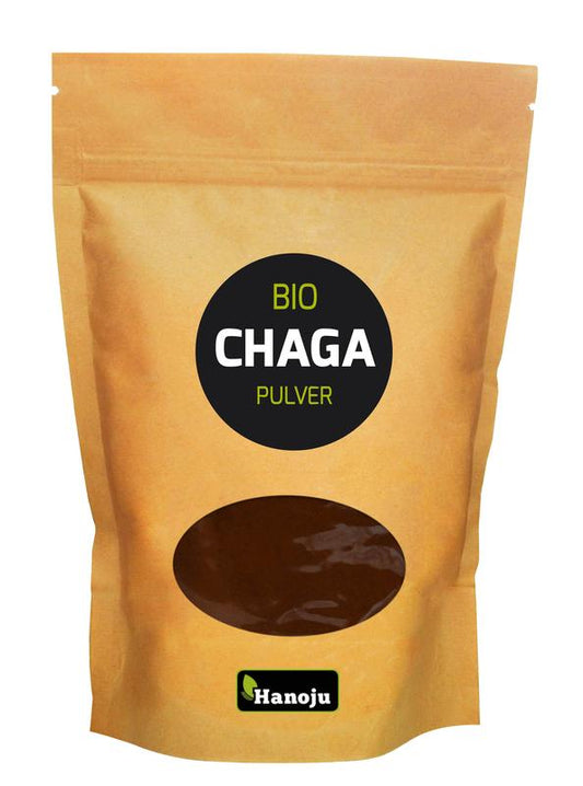 Hanoju Bio Chaga powder in 250g package, organic herbal supplement with dark brown chaga mushroom extract.