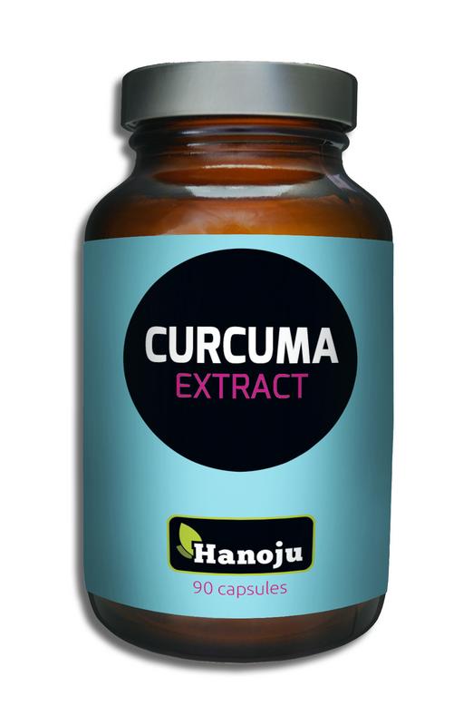 Hanoju Curcuma extract capsules in a bottle, herbal supplement for wellness, 400mg per capsule, 90 capsules in total.