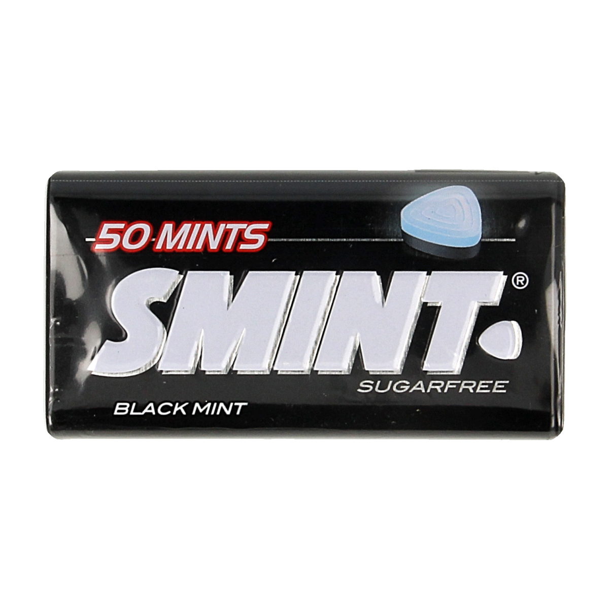 Smint XL Black mint candies in loose packaging, showing 50 pieces of refreshing black mints in a clear view.