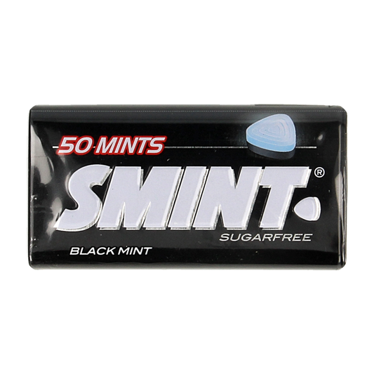 Smint XL Black mint candies in loose packaging, showing 50 pieces of refreshing black mints in a clear view.