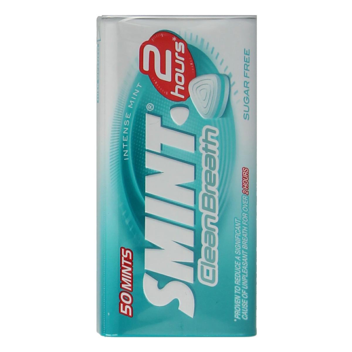 Smint Clean Breath Intense Mint mints in a pack, featuring white and green packaging for freshening breath, 50 pieces.