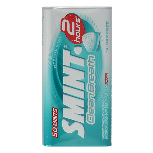 Smint Clean Breath Intense Mint mints in a pack, featuring white and green packaging for freshening breath, 50 pieces.