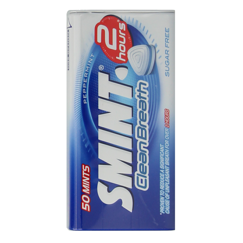 Smint peppermint breath mints in a pack of 50, small candy sweets for freshening breath, branded Smint, with mint-flavored candies.