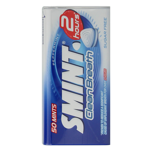 Smint peppermint breath mints in a pack of 50, small candy sweets for freshening breath, branded Smint, with mint-flavored candies.