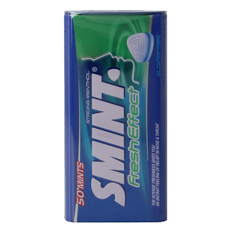 Smint Fresh Effect strong menthol candies in a pack of 50, featuring bright packaging and individual candies with a mint flavor.