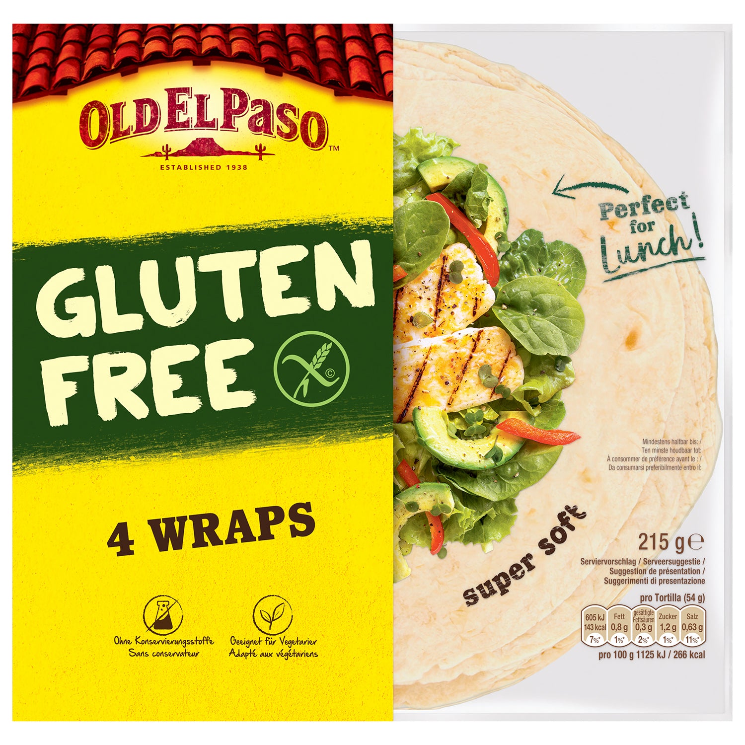 Old El Paso gluten-free XL tortilla wraps for pizza and wraps, showing fresh, soft tortillas in the image.