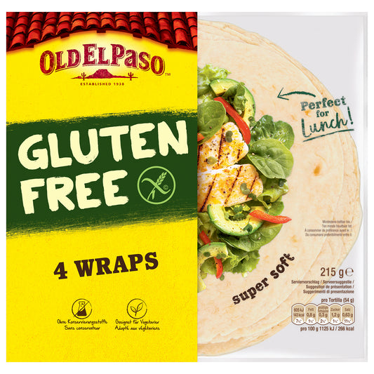 Old El Paso gluten-free XL tortilla wraps for pizza and wraps, showing fresh, soft tortillas in the image.