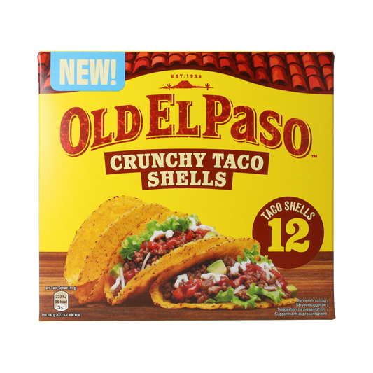 Old El Paso gluten-free taco shells for pizza and wraps, 135g, with crispy, golden shells ready for filling and serving.