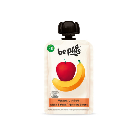 Beplus 100g organic apple and banana juice in a clear bottle with label and cap, showcasing fresh fruit ingredients.