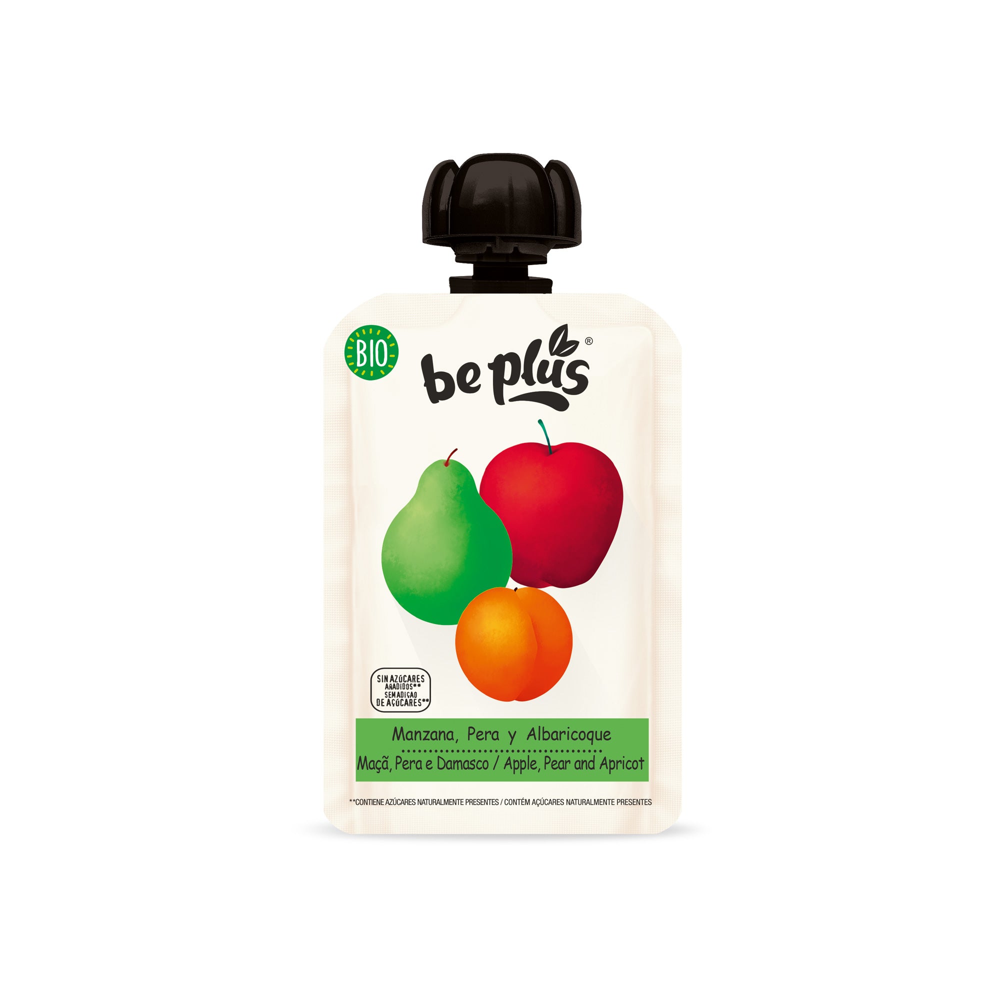Beplus 100% organic apple, pear, and apricot fruit mix in a 100g package, fresh and colorful, with a focus on natural fruit pieces.