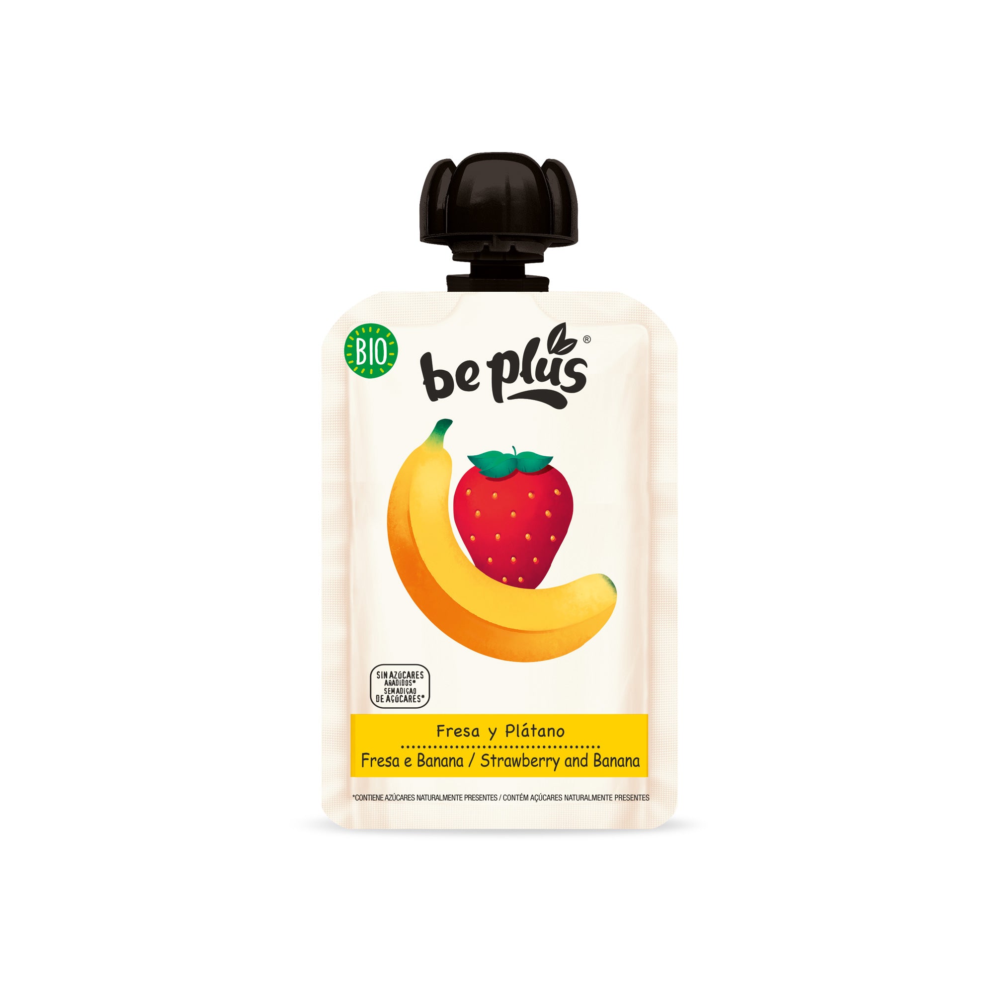 Beplus 100g organic strawberry banana fruit puree in a clear jar, showcasing fresh, blended strawberries and bananas.