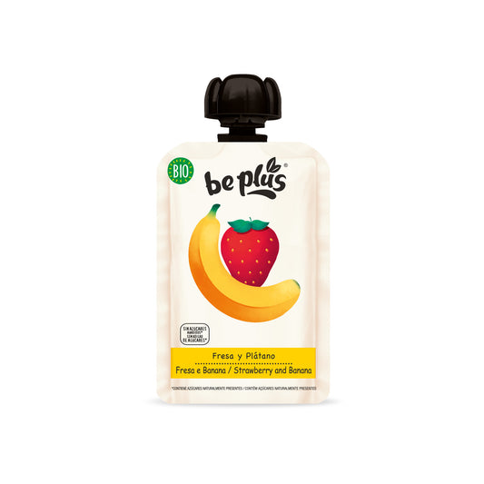 Beplus 100g organic strawberry banana fruit puree in a clear jar, showcasing fresh, blended strawberries and bananas.