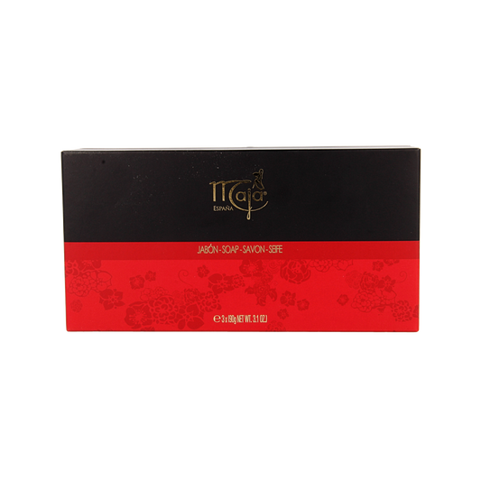 Maja luxury soap set with three 90g bars, elegant packaging, showcasing the natural soap bars for bathroom use.