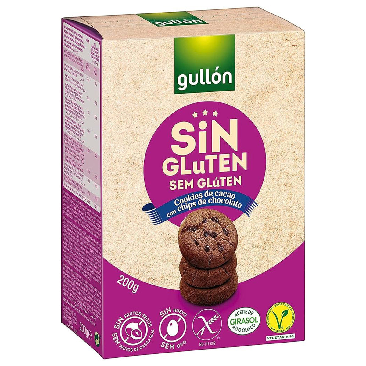 Gullon gluten-free chocolate chip cookies in a 200g package, showing golden baked cookies with chocolate chips.