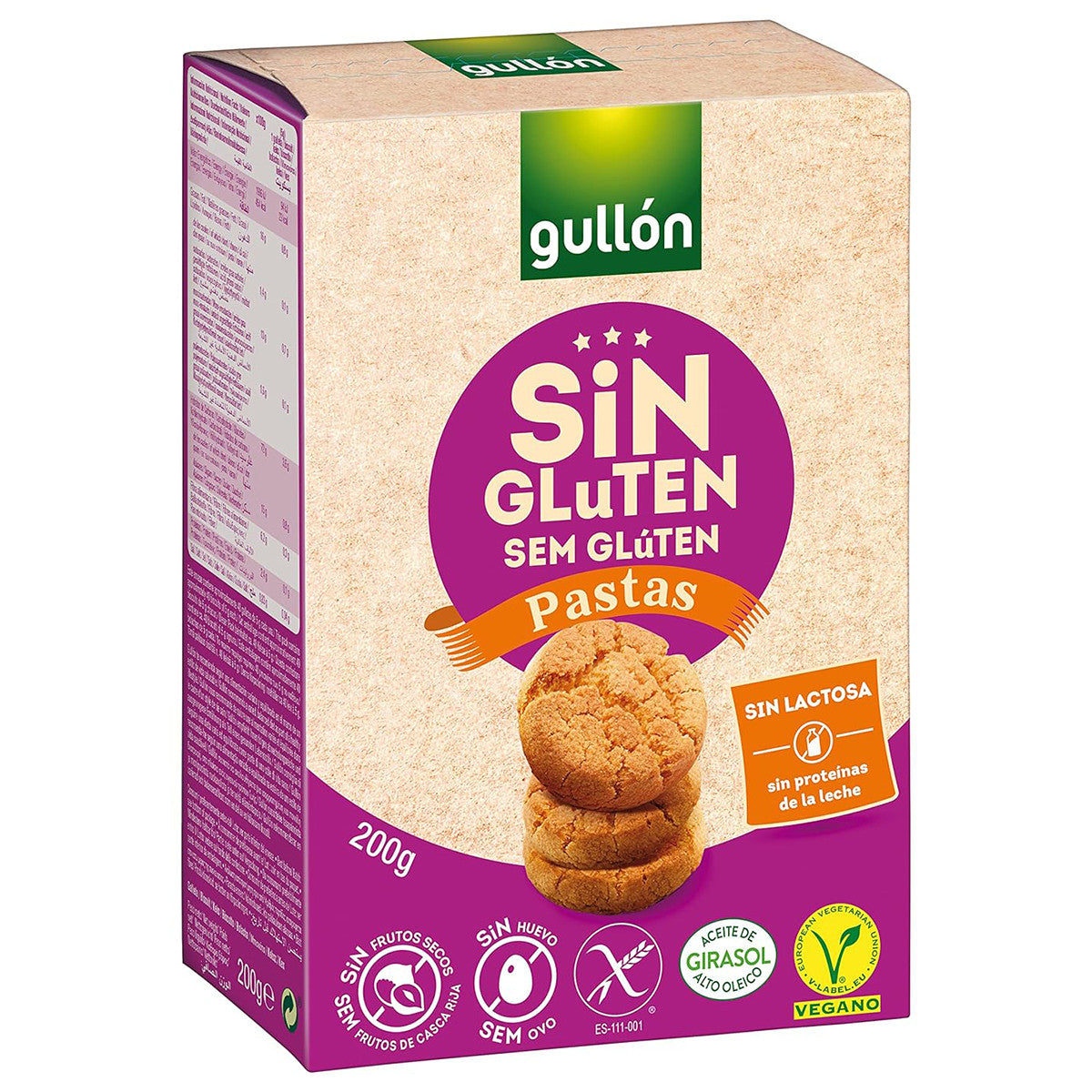 Gullon gluten-free cookies in a 200g package, showing golden-brown gluten-free biscuits on the front.