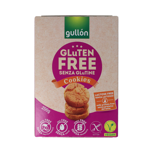 Gullon gluten-free cookies in a 200g package, featuring golden brown gluten-free biscuits on the front.