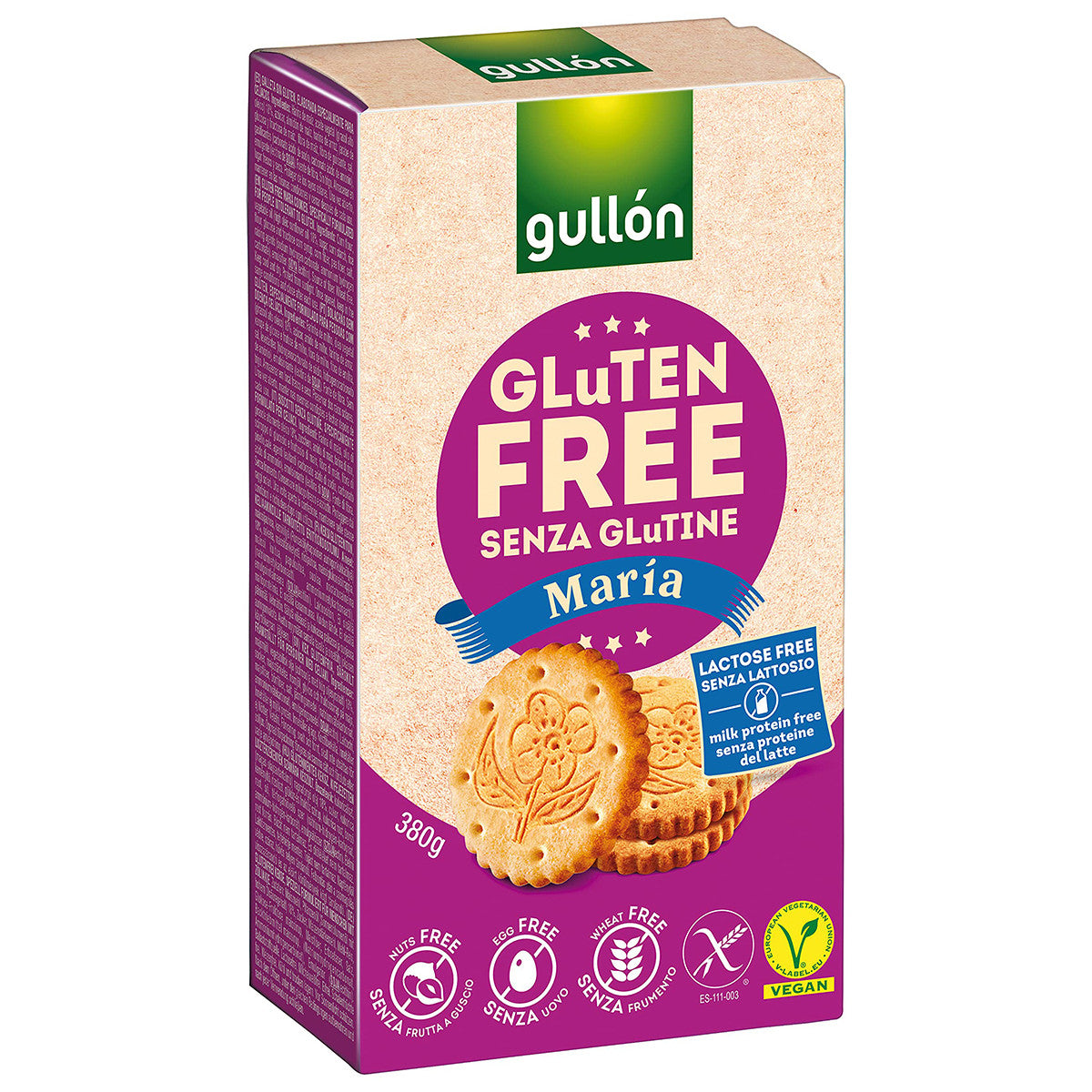 Gullon Maria biscuits gluten-free koeken in 380g package, showing golden-brown biscuits with a smooth surface.