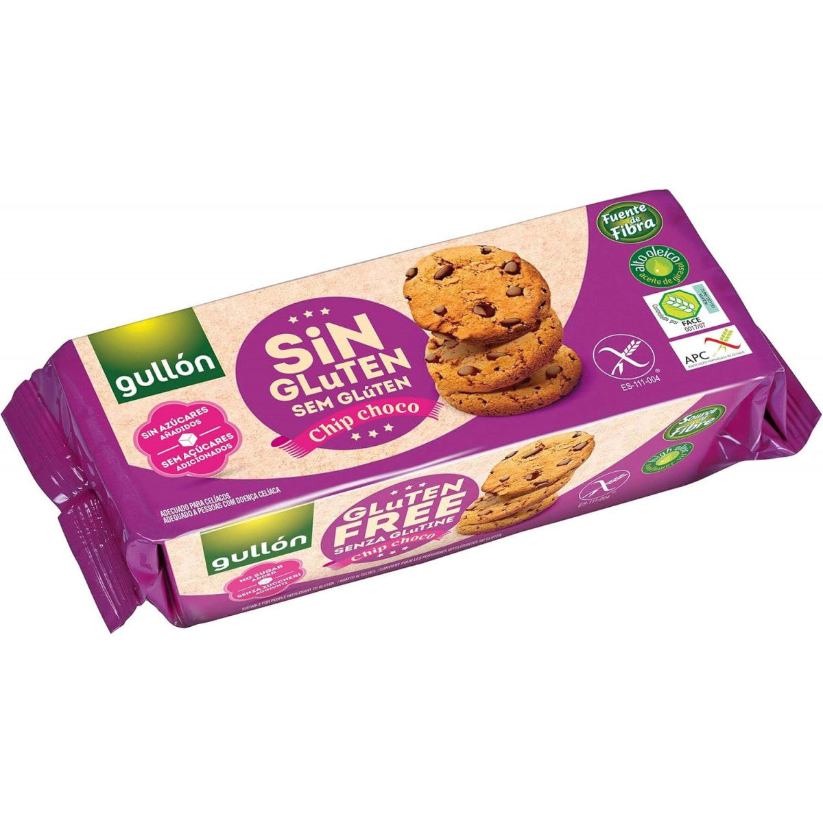 Gullon gluten-free chocolate chip cookies in a 130g package, featuring golden-brown biscuits with chocolate chips visible.