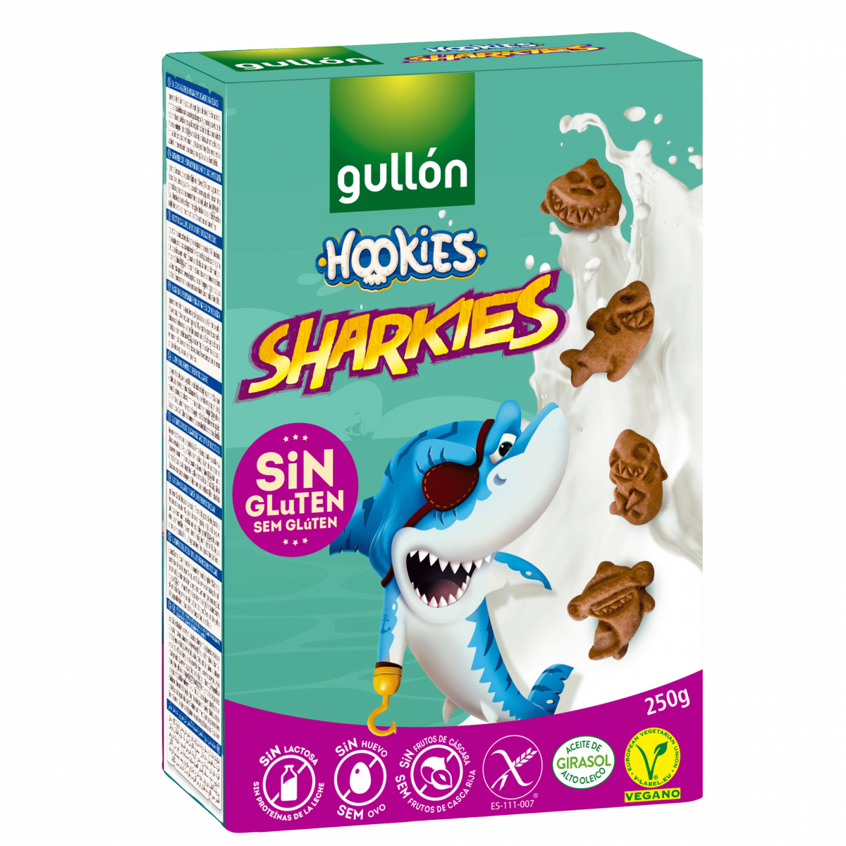 Gullon Sharkies gluten-free cookies in a 250g package, featuring shark-shaped biscuits on the front.