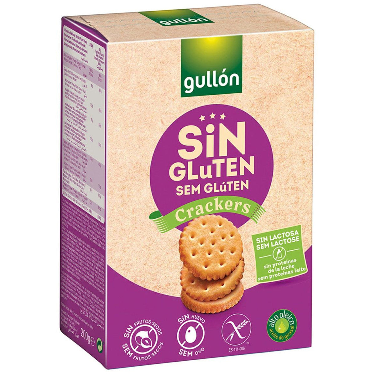 Gullon Zoute glutenvrije crackers in 200g package, crispy bread and cracker snack with savory flavor.