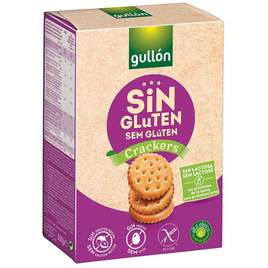 Gullon Zoute glutenvrije crackers in 200g package, crispy bread and cracker snack with savory flavor.