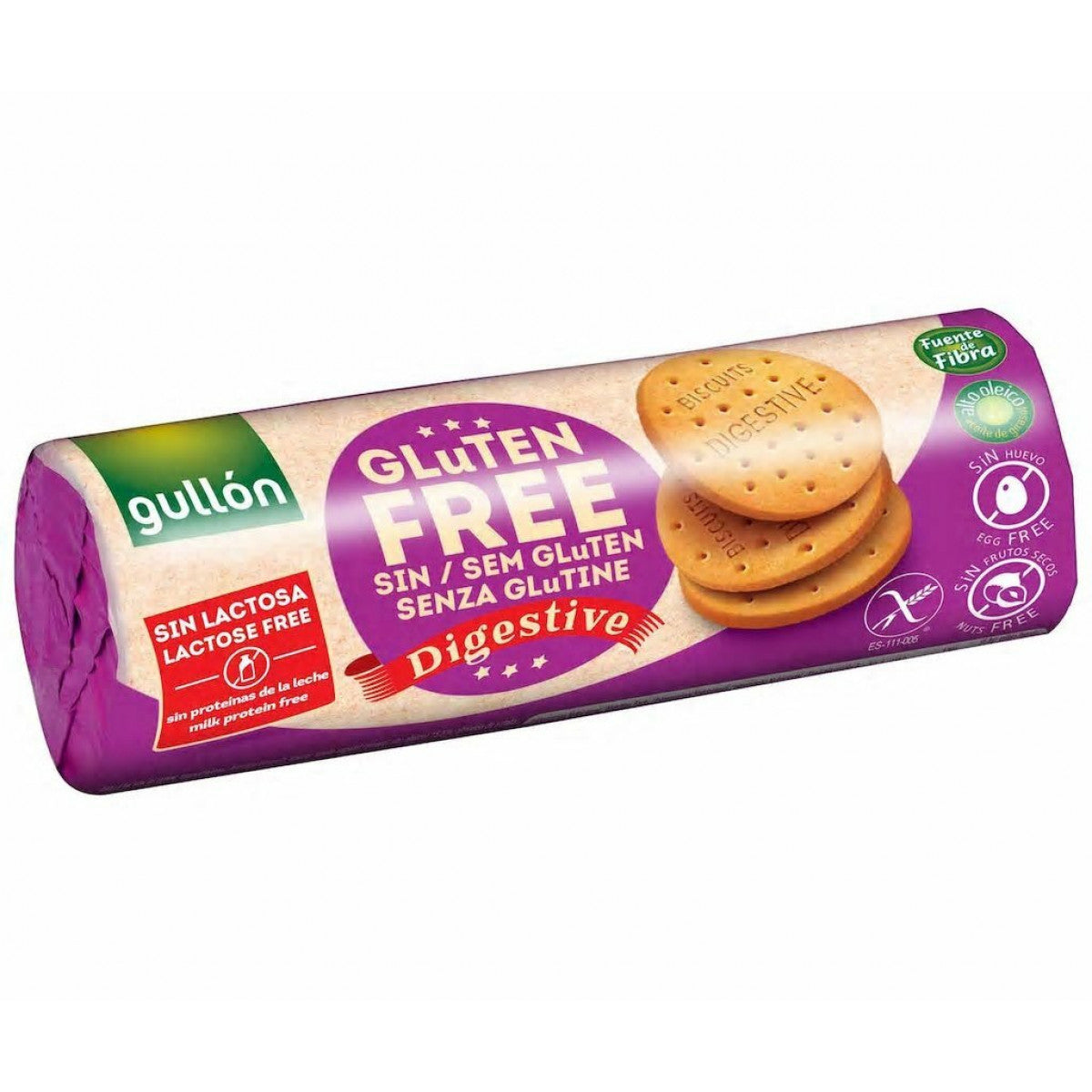 Gullon Digestive biscuits gluten-free 150g, showing a package of traditional digestive cookies on a white background.