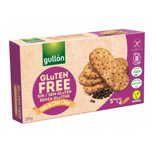 Gullon gluten-free oats and chocolate chips cookies, 220g, showing golden-brown koeken with visible chocolate chips.