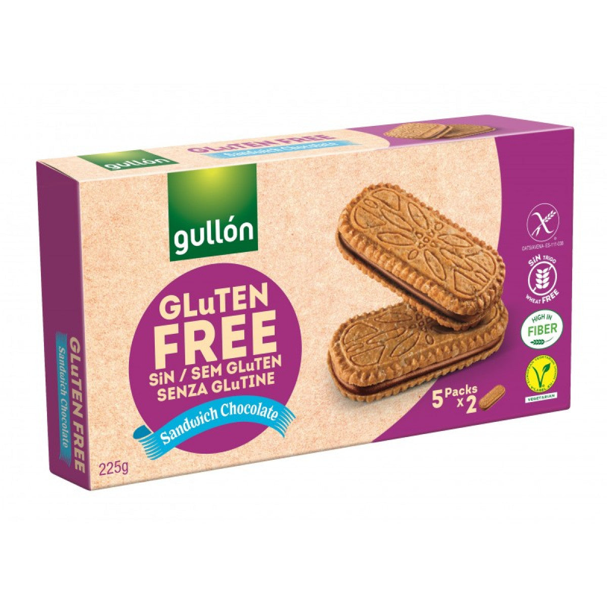 Gullon gluten-free chocolate sandwich cookies, 225g, with chocolate filling and crispy biscuit layers on a white background.