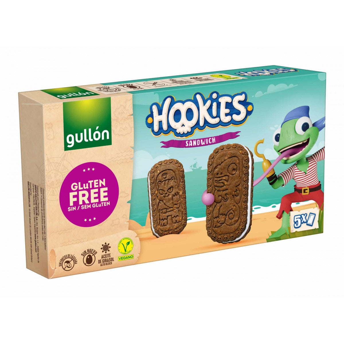 Gullon Hookies gluten-free sandwich cookies in a 230g package, featuring crispy koeken with creamy filling.