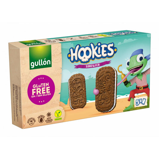 Gullon Hookies gluten-free sandwich cookies in a 230g package, featuring crispy koeken with creamy filling.