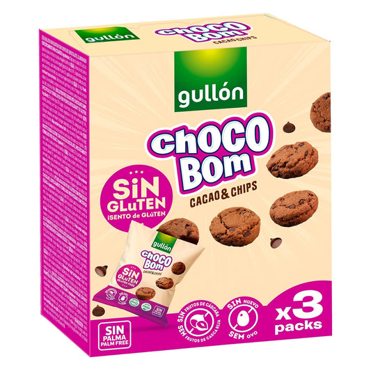 Gullon Choco Bom 3-pack gluten-free chocolate treats, 120 grams, with colorful packaging and individual chocolate pieces.