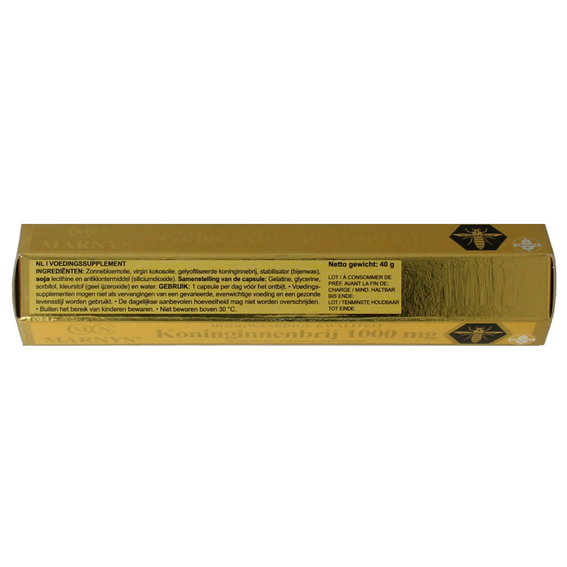 Euro Bee Royal Jelly 1000mg capsules, herbal supplement by Euro Bee, shown in a close-up image of the capsules.