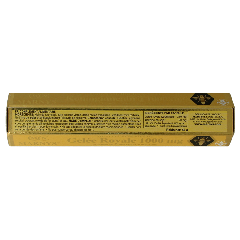 Euro Bee Royal Jelly 1000mg capsules, herbal supplement by Euro Bee, shown in a bottle with 30 capsules on the label.