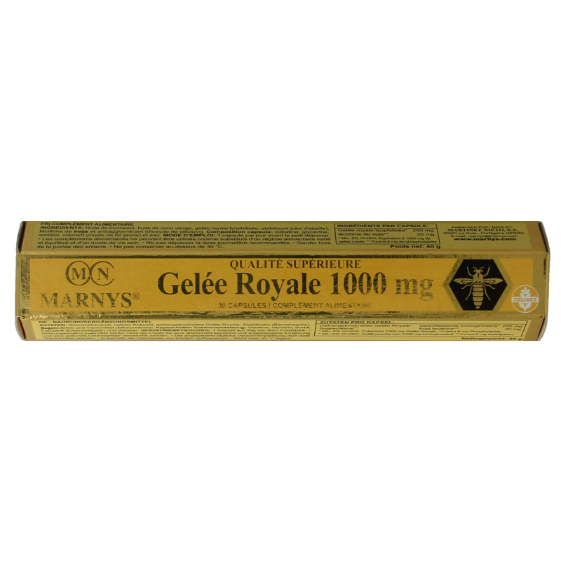 Euro Bee Royal Jelly 1000mg capsules from Euro Bee, herbal supplement with 30 capsules in a clear bottle.