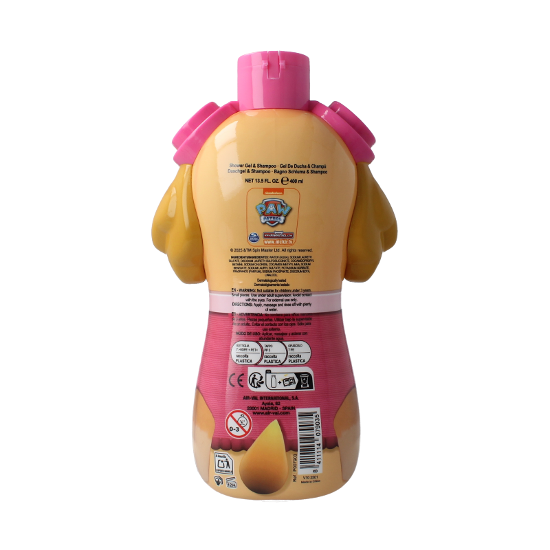 Air-Val Paw Patrol Skye shower gel 2D bottle, 400ml, fun cartoon design featuring the Skye character from Paw Patrol.