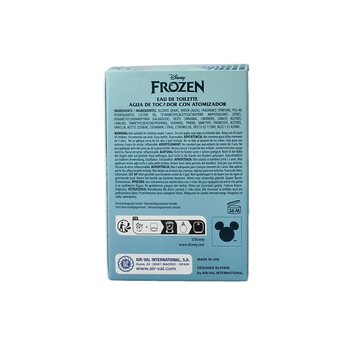 Air-Val Frozen eau de toilette bottle with blue and white packaging, 30ml, showcasing the fragrance product.