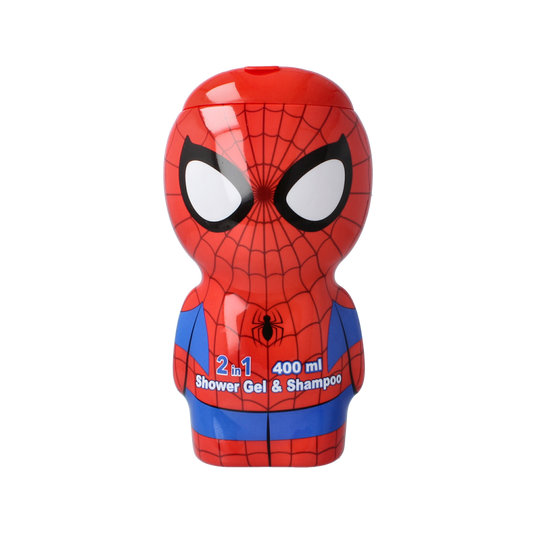 Air-Val Spiderman shower gel 2D in 400ml bottle, fun superhero-themed bad en douche product for kids with Spiderman design.
