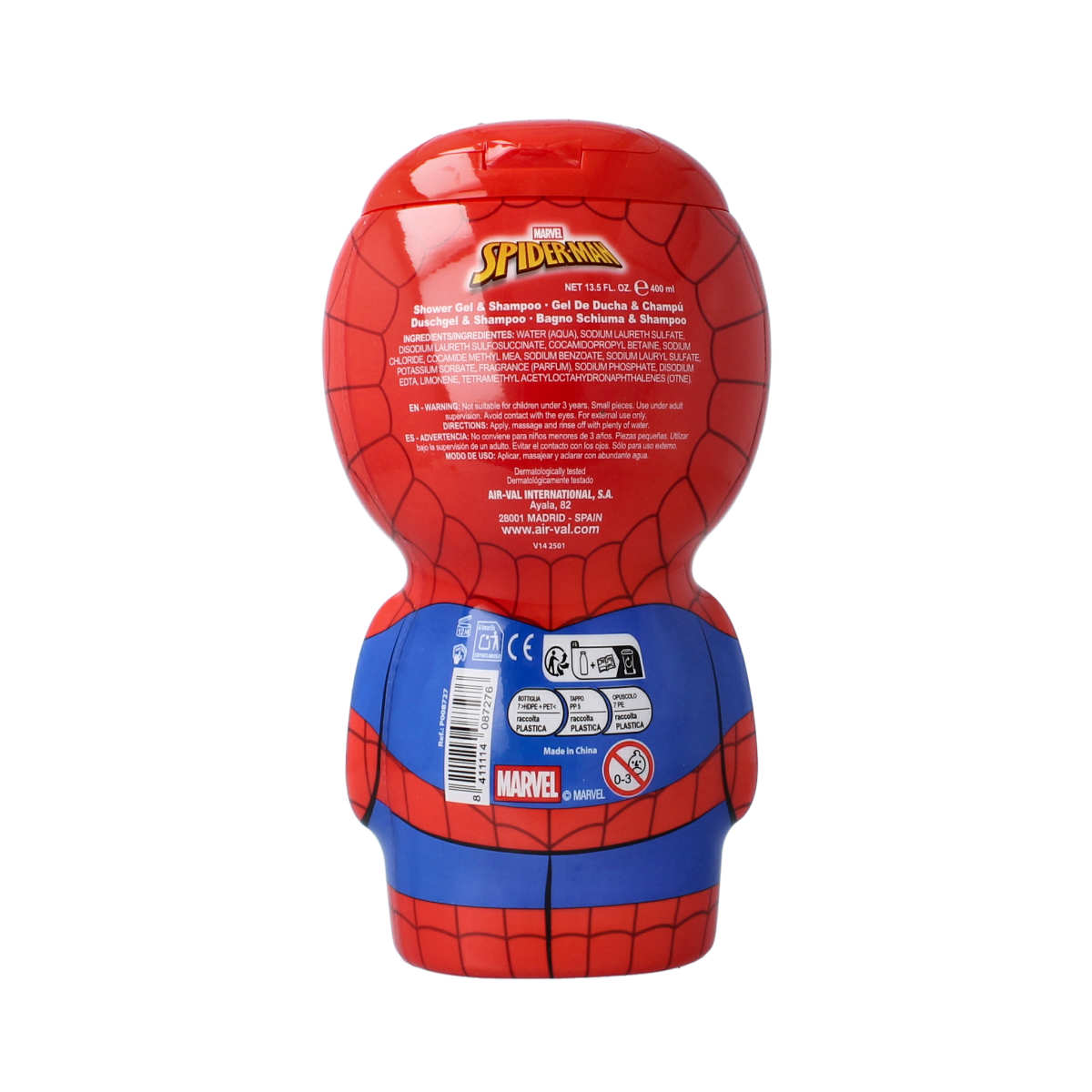 Air-Val Spiderman shower gel 2D in 400ml bottle, fun superhero-themed bad en douche product with Spiderman design.