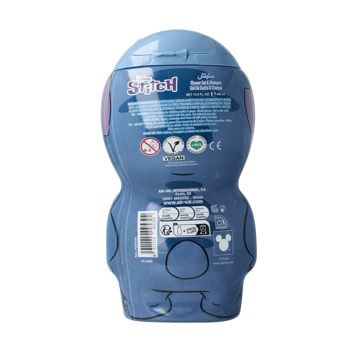 Air-Val Stitch 2D figure shower and shampoo bottle, 400ml, featuring colorful Stitch character design for kids' bath time.