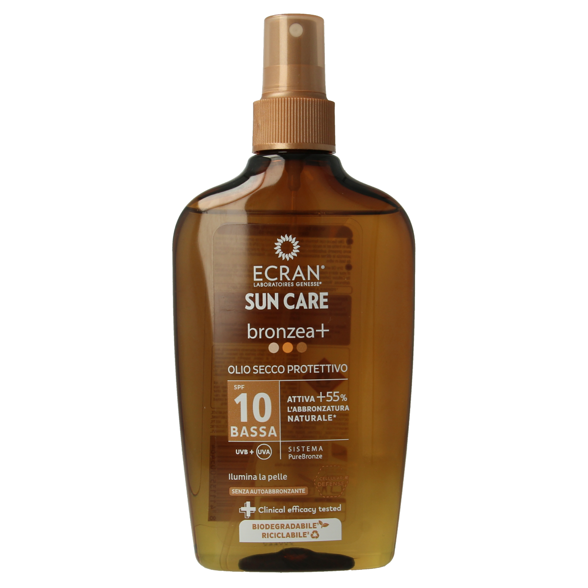 Ecran Suncare Bronzea Carrot Oil SPF10 in a 200ml bottle, natural sun protection with nourishing carrot oil for healthy skin